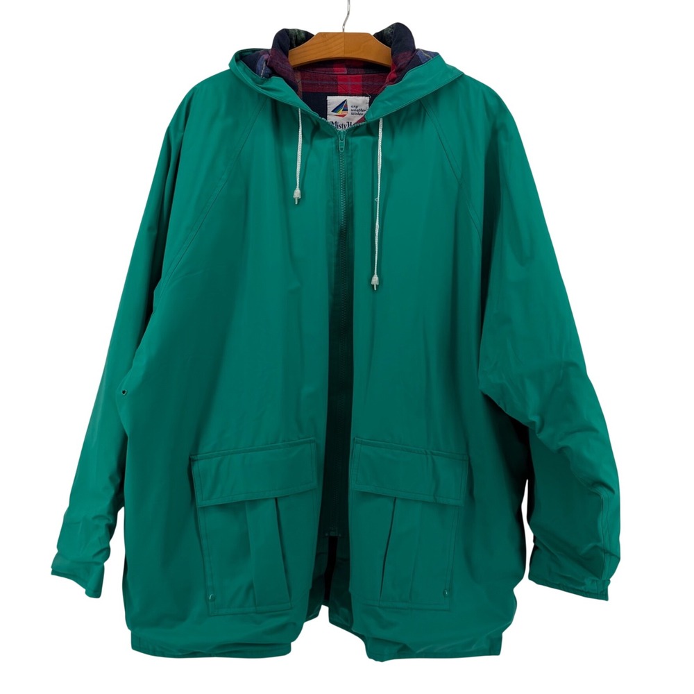 Misty Harbor Rain Jacket Women Plus L 24-26 Green Plaid Lined Hooded Slicker